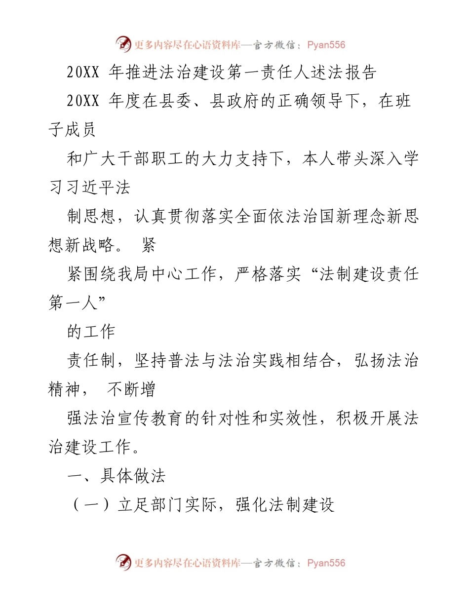 [发言] 述法报告 - 20XX年度法治建设推进情况述法报告.docx_第1页
