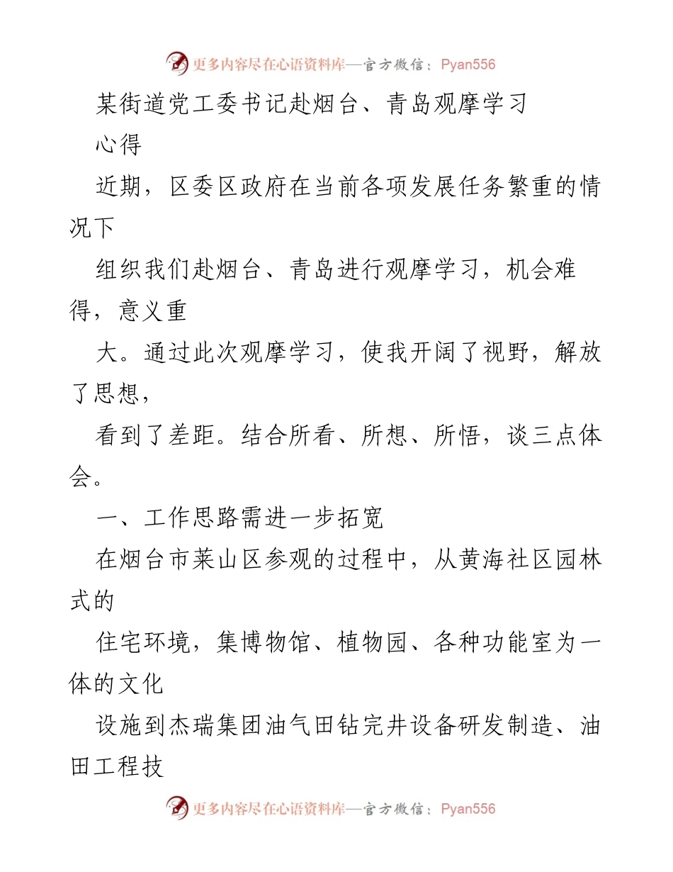 [发言] 观摩学习总结 - 拓宽思路、加大落实、挖掘潜力：观摩烟台青岛的心得体会.docx_第1页