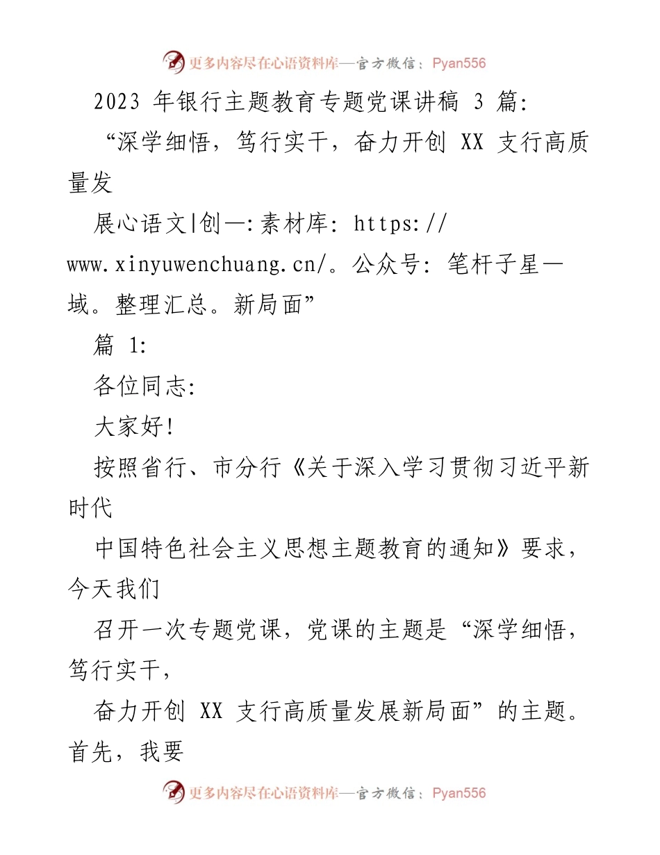 [发言] 银行主题教育专题党课 - 深学细悟，笃行实干，奋力开创高质量发展新局面.docx_第1页
