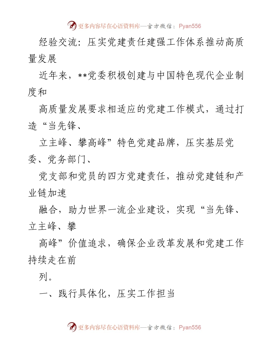 [发言] 经验交流会 - 压实党建责任，推动高质量发展新路径.docx_第1页