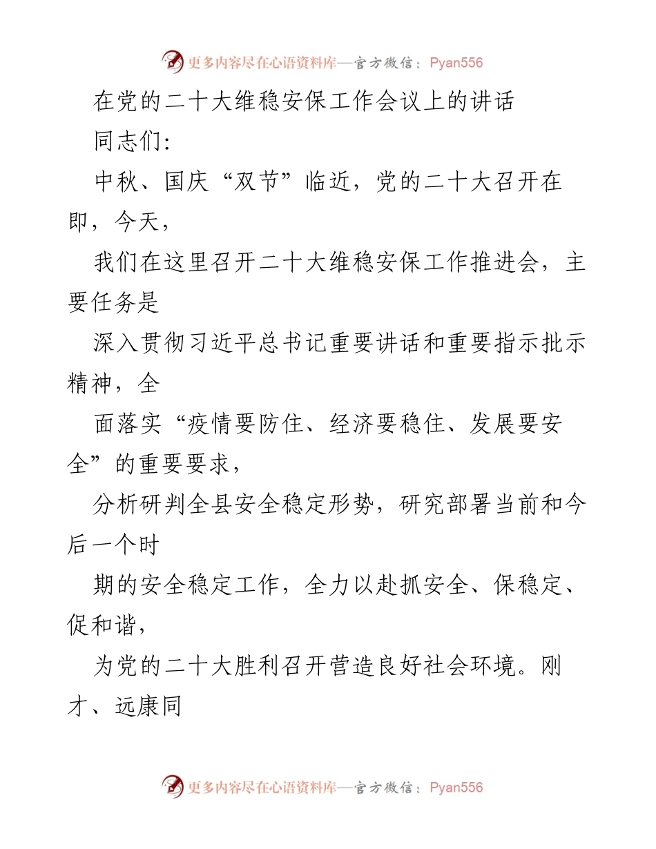 [发言] 维稳安保工作推进会 - 加强维稳安保工作，确保党的二十大顺利召开.docx_第1页