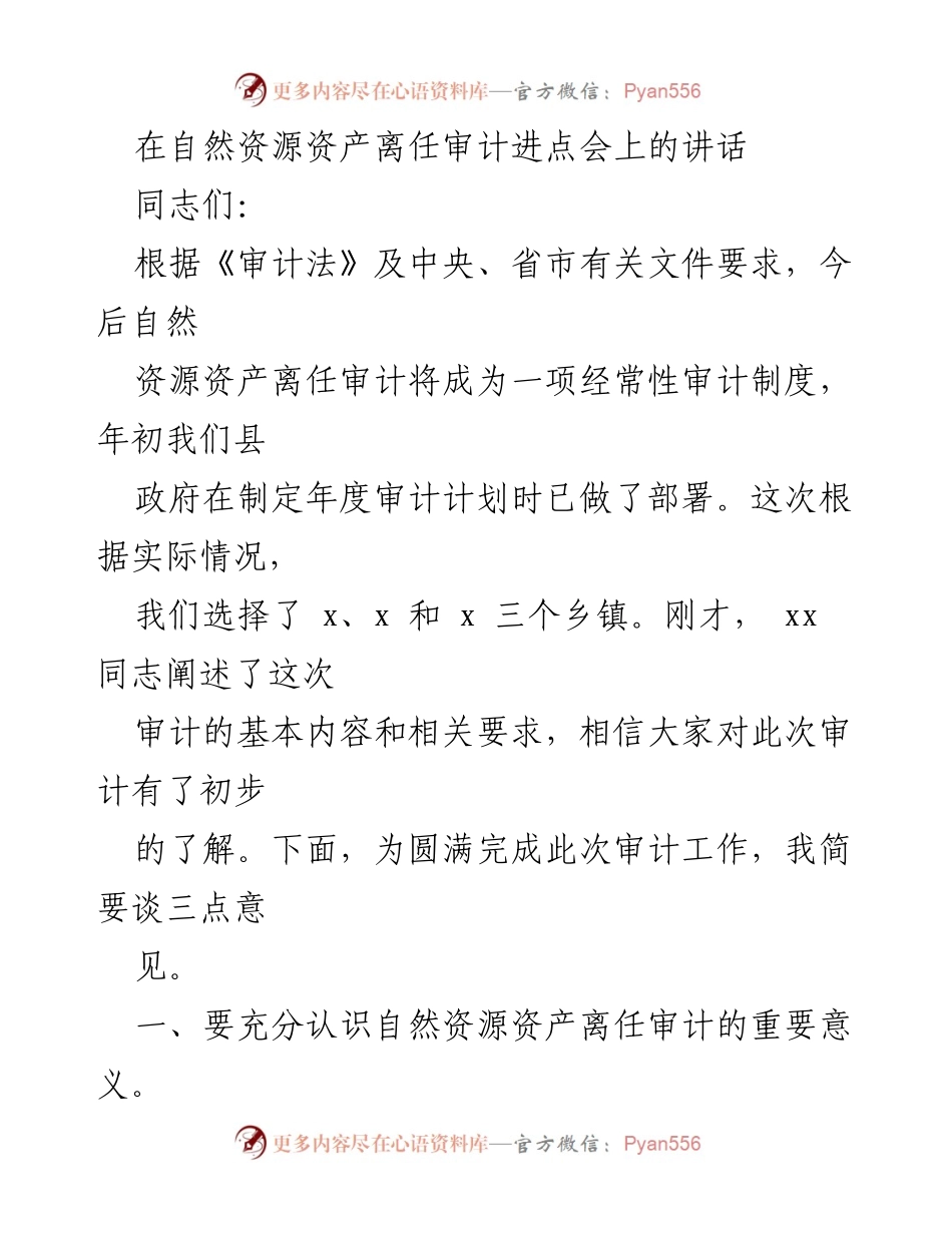[发言] 自然资源资产离任审计进点会 - 自然资源资产离任审计的重要性与意义.docx_第1页