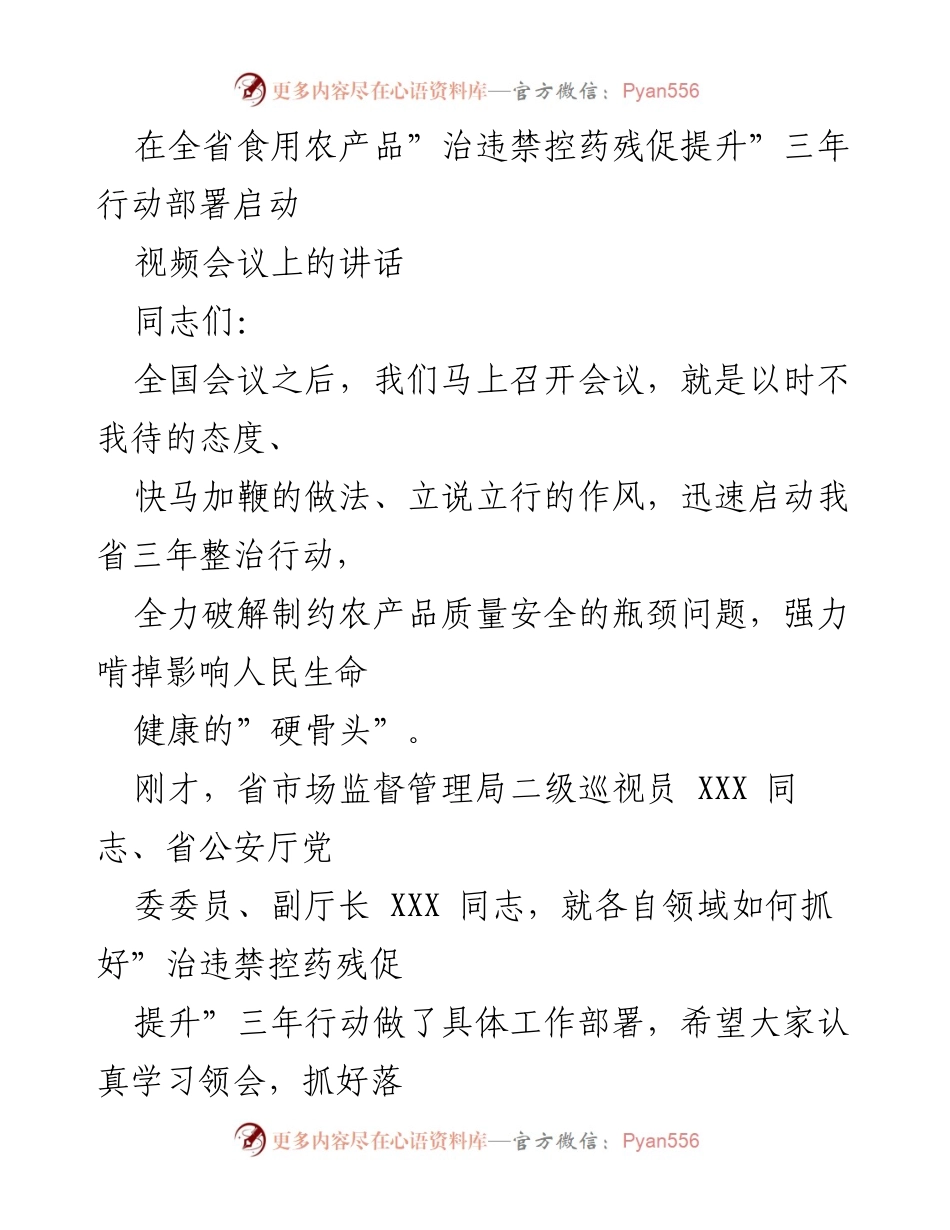 [发言] 视频会议 - 启动全省食用农产品质量安全三年行动部署.docx_第1页