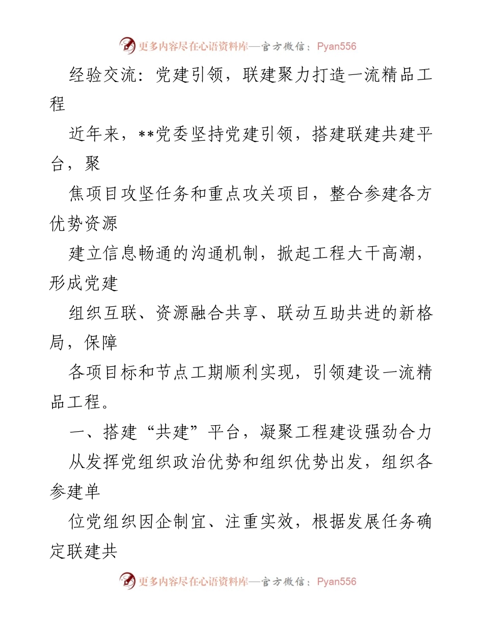 [发言] 经验交流会 - 党建引领共建，助力一流工程建设.docx_第1页