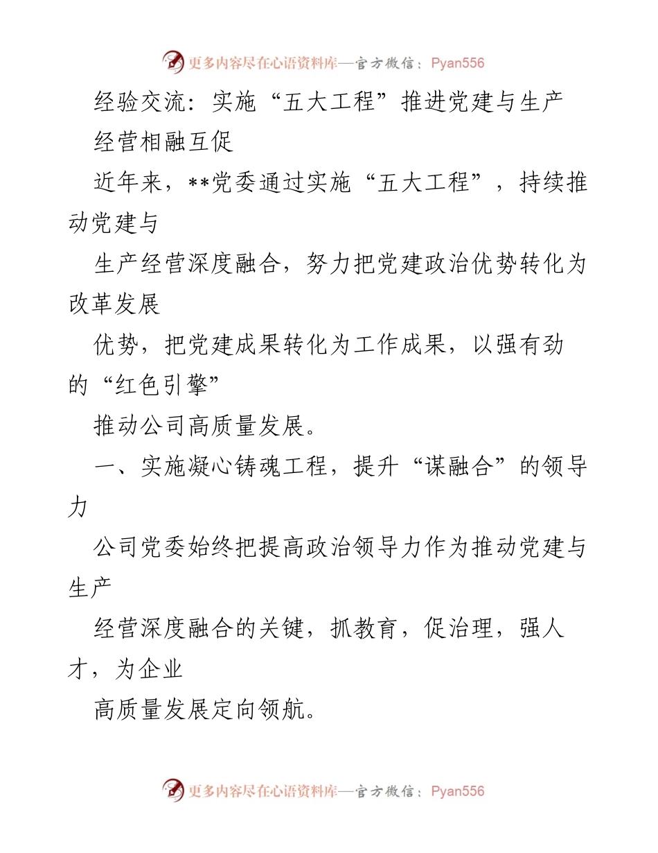 [发言] 经验交流会 - 推动党建与生产经营深度融合的“五大工程”经验分享.docx_第1页