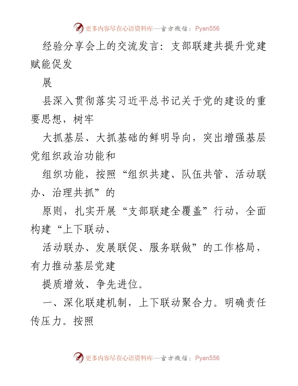 [发言] 经验分享会 - 支部联建共提升：党建赋能推动基层发展.docx_第1页
