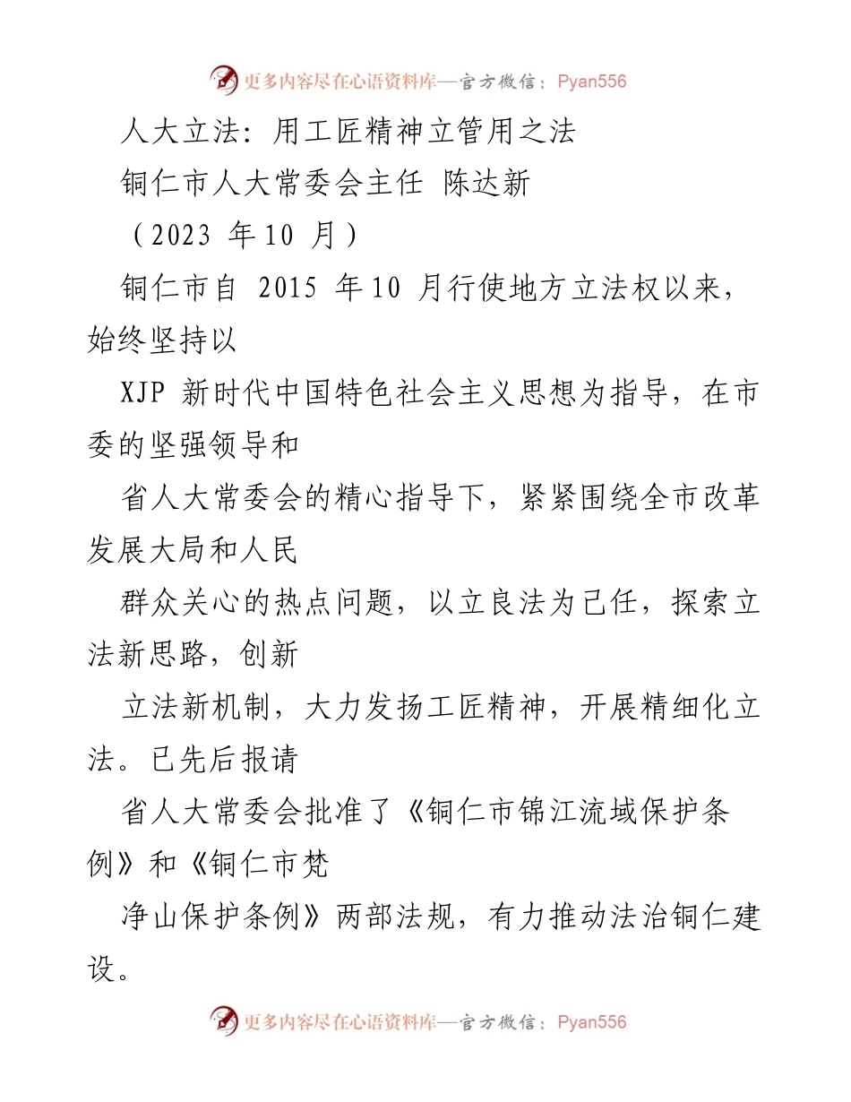 [发言] 铜仁市人大常委会会议 - 工匠精神引领铜仁地方立法新篇章.docx_第1页