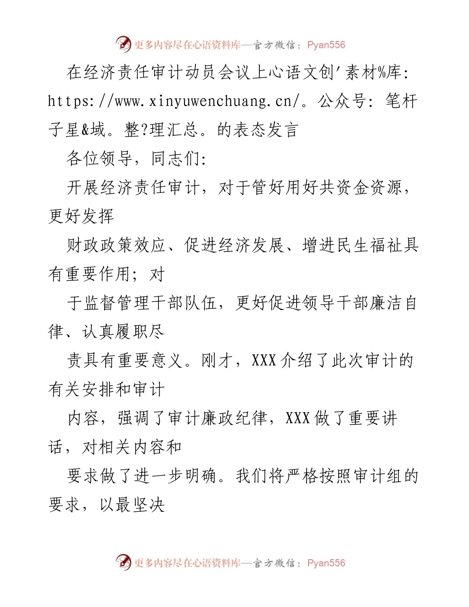 [发言] 经济责任审计动员会议 - 加强经济责任审计，推动廉洁自律与整改落实.docx_第1页