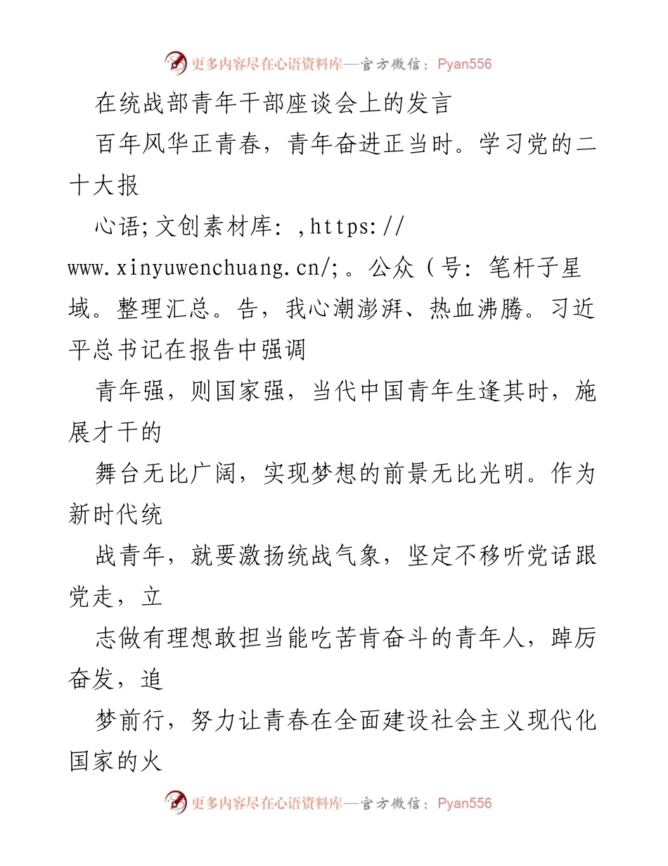 [发言] 统战部青年干部座谈会 - 青年担当使命，奋进新时代.docx_第1页