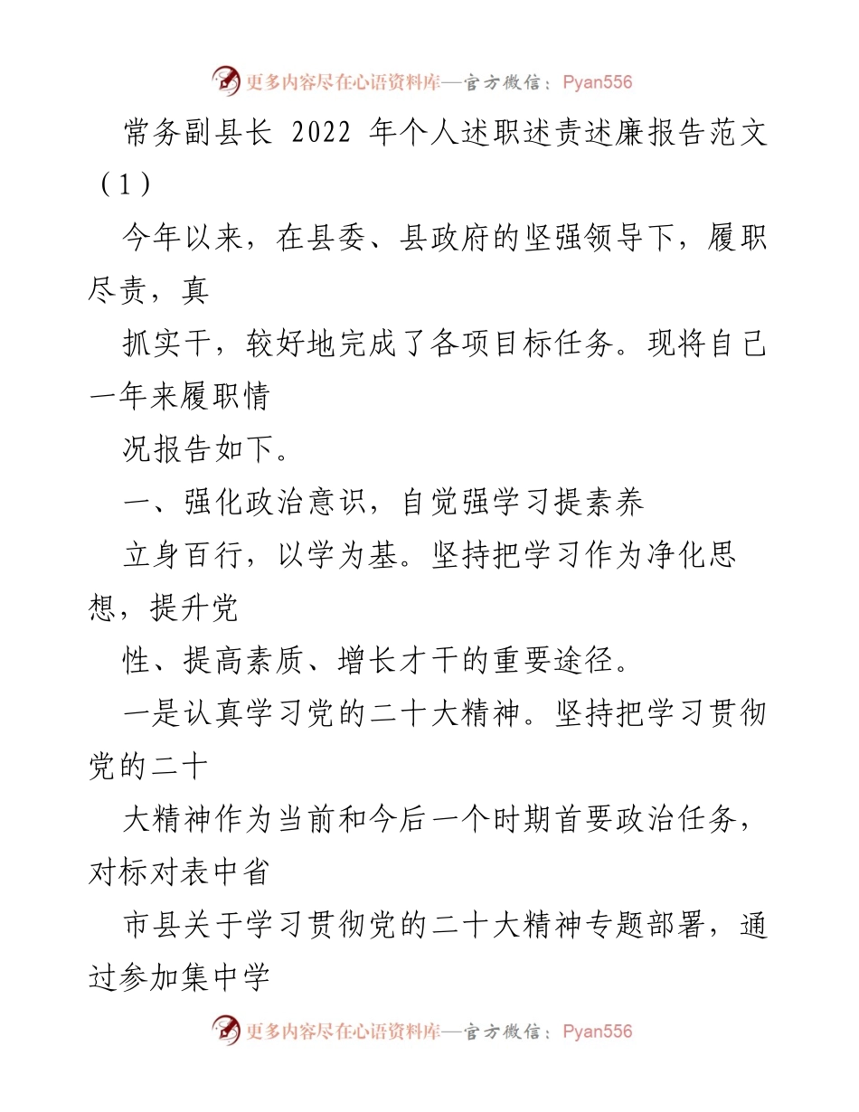 [发言] 述职报告 - 常务副县长2022年履职情况述职述责述廉报告.docx_第1页