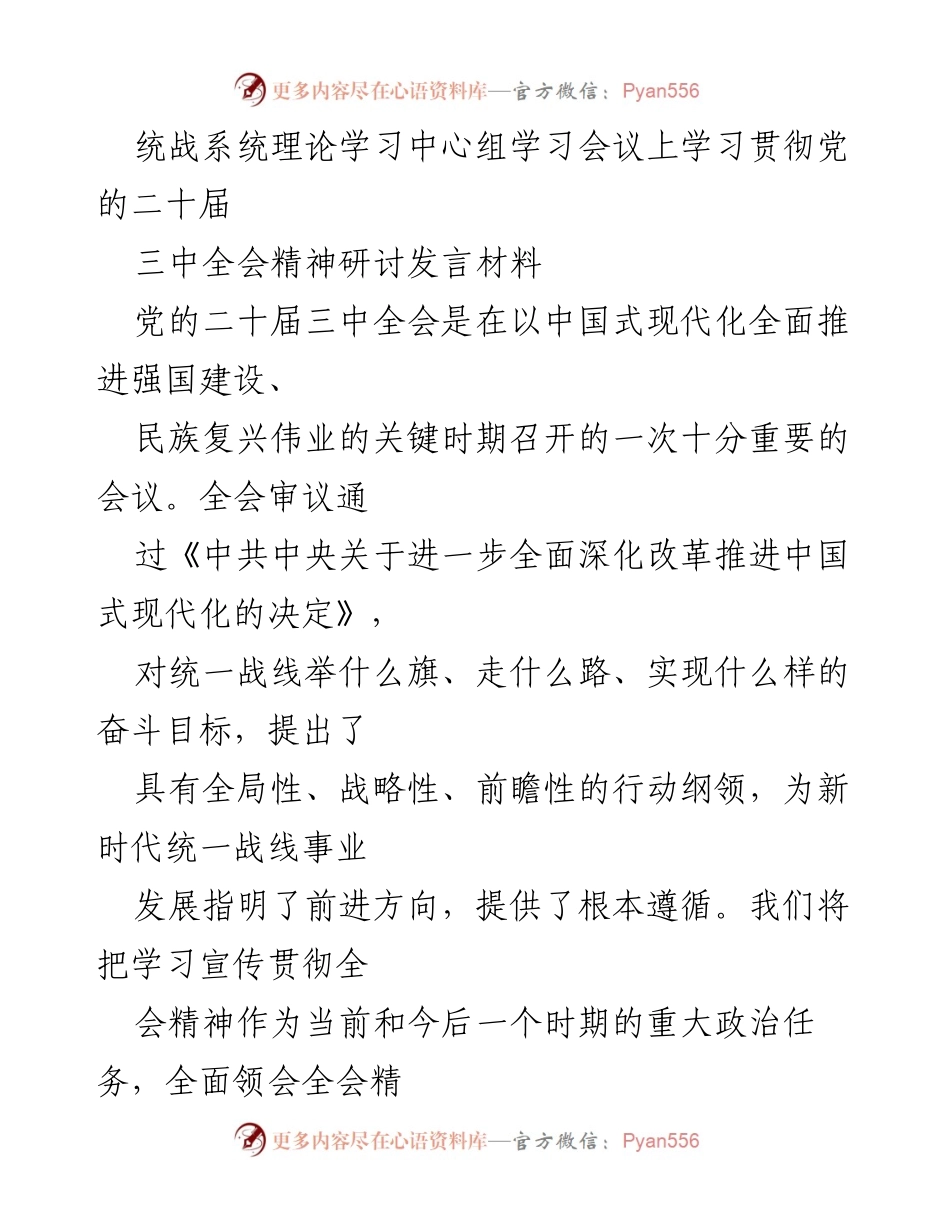 [发言] 统战系统理论学习中心组学习会议 - 深入学习贯彻党的二十届三中全会精神，推动统一战线事业新发展.docx_第1页