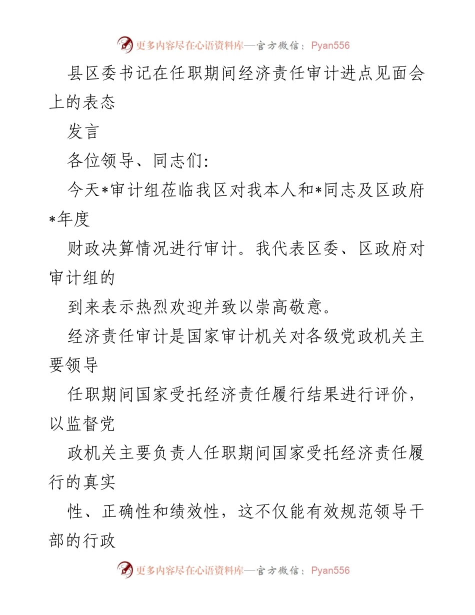 [发言] 经济责任审计进点见面会 - 积极配合审计工作，确保政府透明与责任.docx_第1页