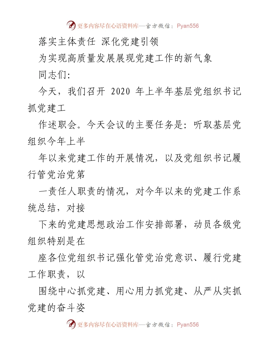 [发言] 述职会议 - 强化党建责任，推动高质量发展.docx_第1页