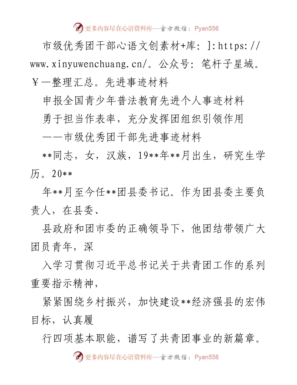 [发言] 表彰大会 - 市级优秀团干部的先进事迹与贡献.docx_第1页