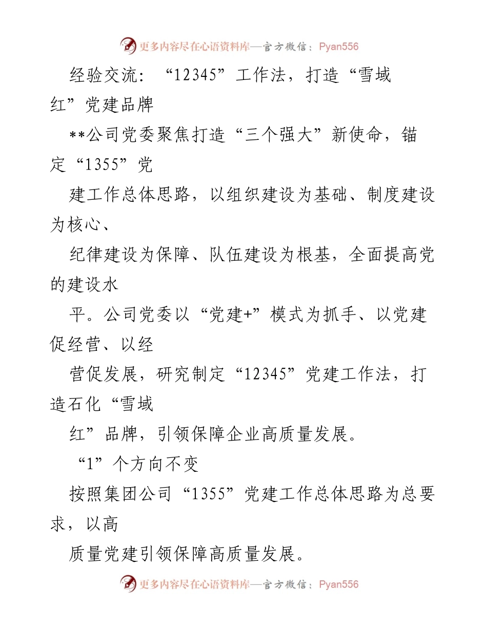 [发言] 经验交流会 - 打造“雪域红”党建品牌的“12345”工作法分享.docx_第1页