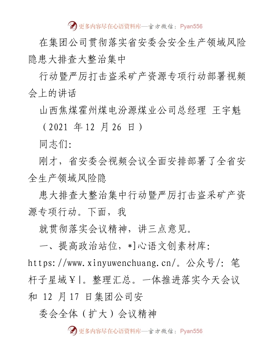 [发言] 视频会议 - 确保安全生产：贯彻落实省安委会风险隐患大排查整治行动讲话.docx_第1页