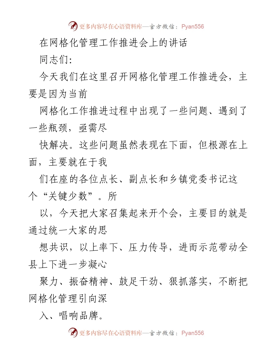 [发言] 网格化管理工作推进会 - 加强网格化管理，凝聚共识，推动落实.docx_第1页