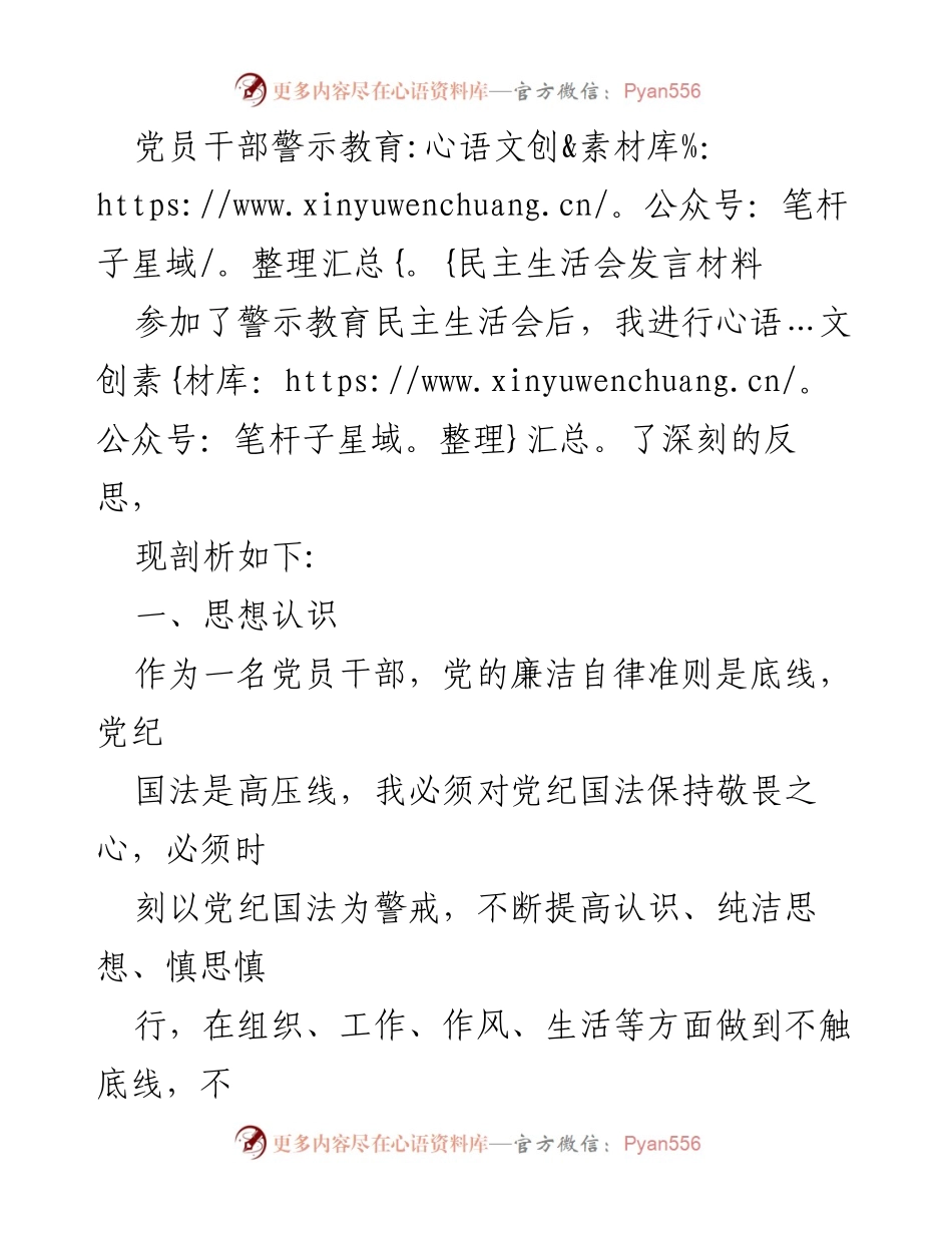 [发言] 警示教育民主生活会 - 深刻反思与整改方向：党员干部的自我警醒与提升.docx_第1页