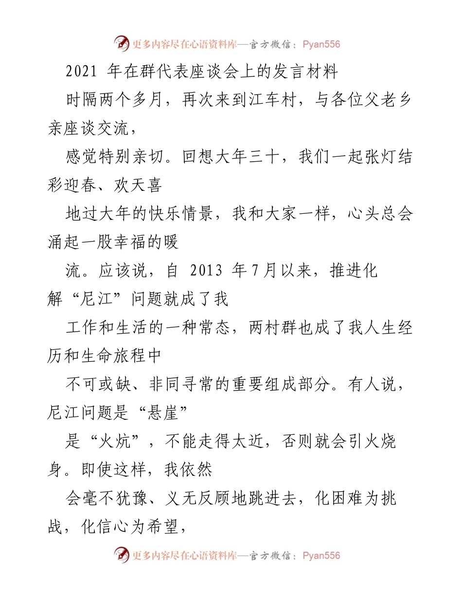 [发言] 群代表座谈会 - 推动尼江问题解决的信心与决心.docx_第1页