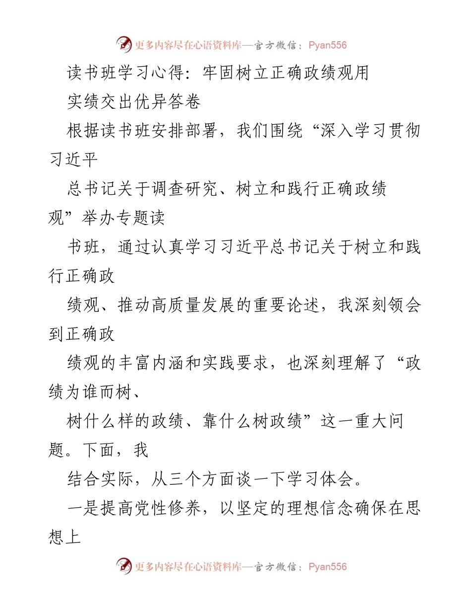 [发言] 读书班 - 牢固树立正确政绩观，交出优异答卷.docx_第1页