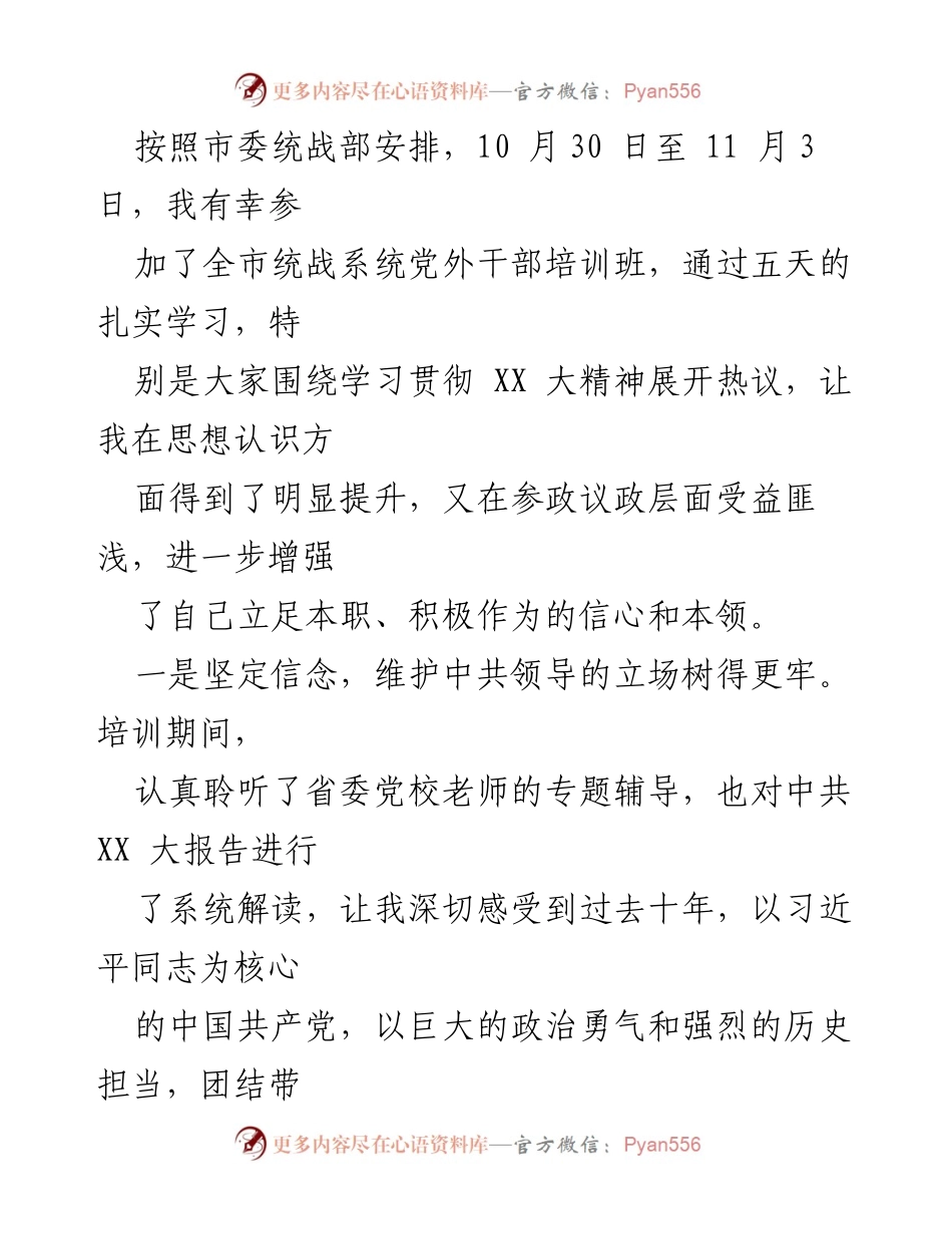 [发言] 统战系统党外干部培训班 - 提升参政议政能力，坚定信念与责任意识.docx_第1页