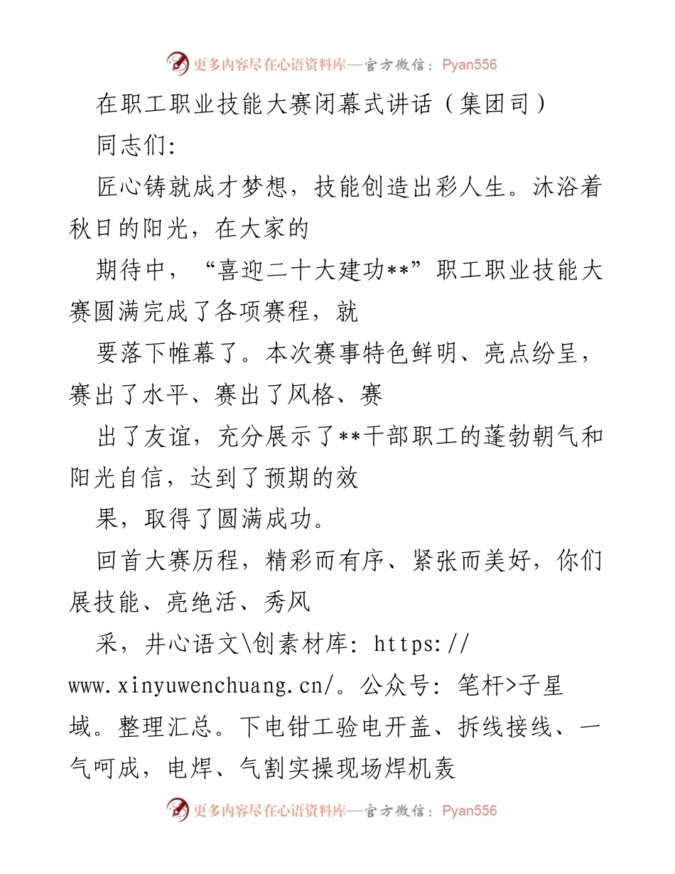 [发言] 职工职业技能大赛闭幕式 - 职工技能大赛圆满落幕，展现匠心与风采.docx_第1页