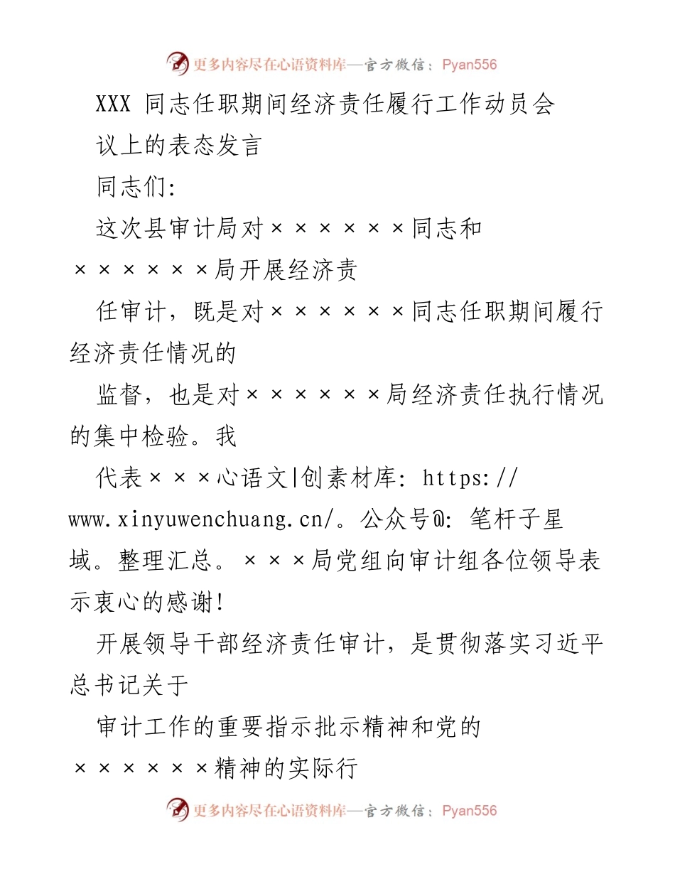 [发言] 经济责任履行工作动员会 - 加强审计监督，提升经济责任履行能力.docx_第1页