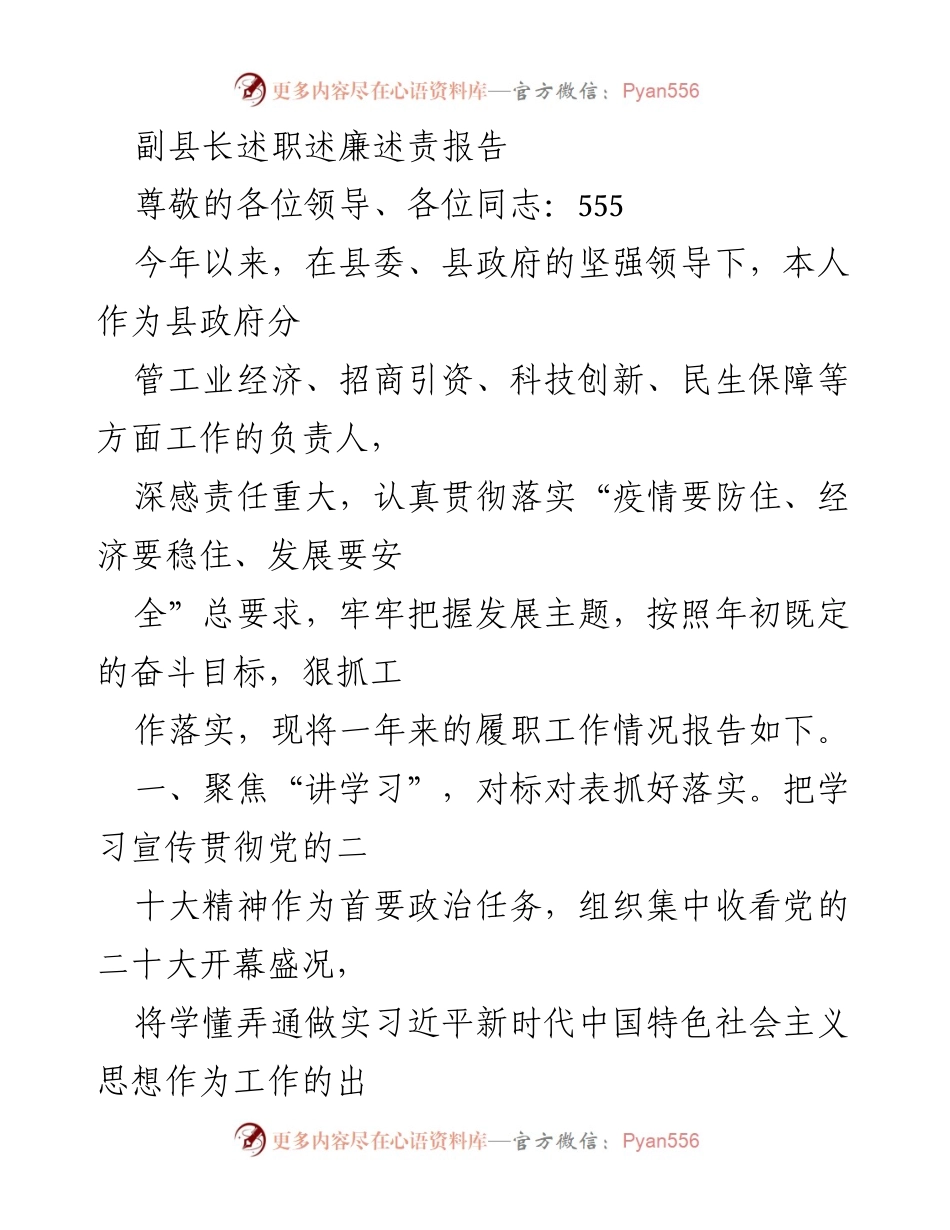 [发言] 述职会议 - 副县长年度履职与廉政报告.docx_第1页