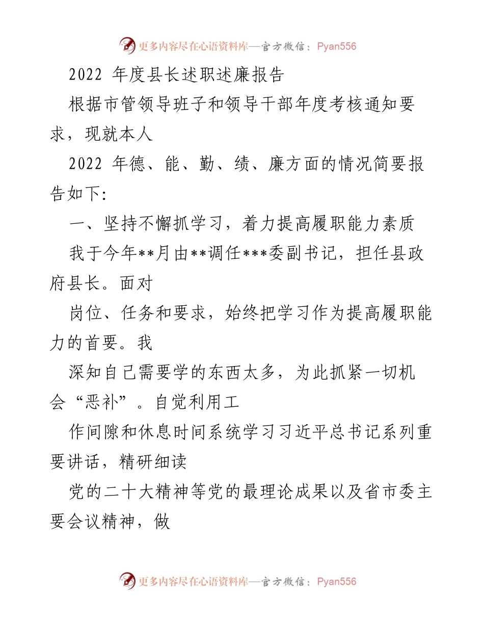 [发言] 述职会议 - 2022年度县长履职与廉政述职报告.docx_第1页