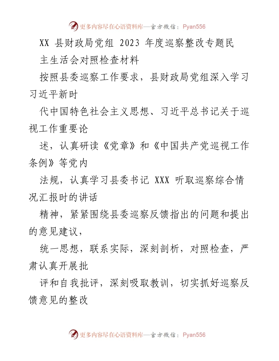 [发言] 财政局党组年度巡察整改会议 - 2023年度巡察整改专题民主生活会对照检查发言材料.docx_第1页