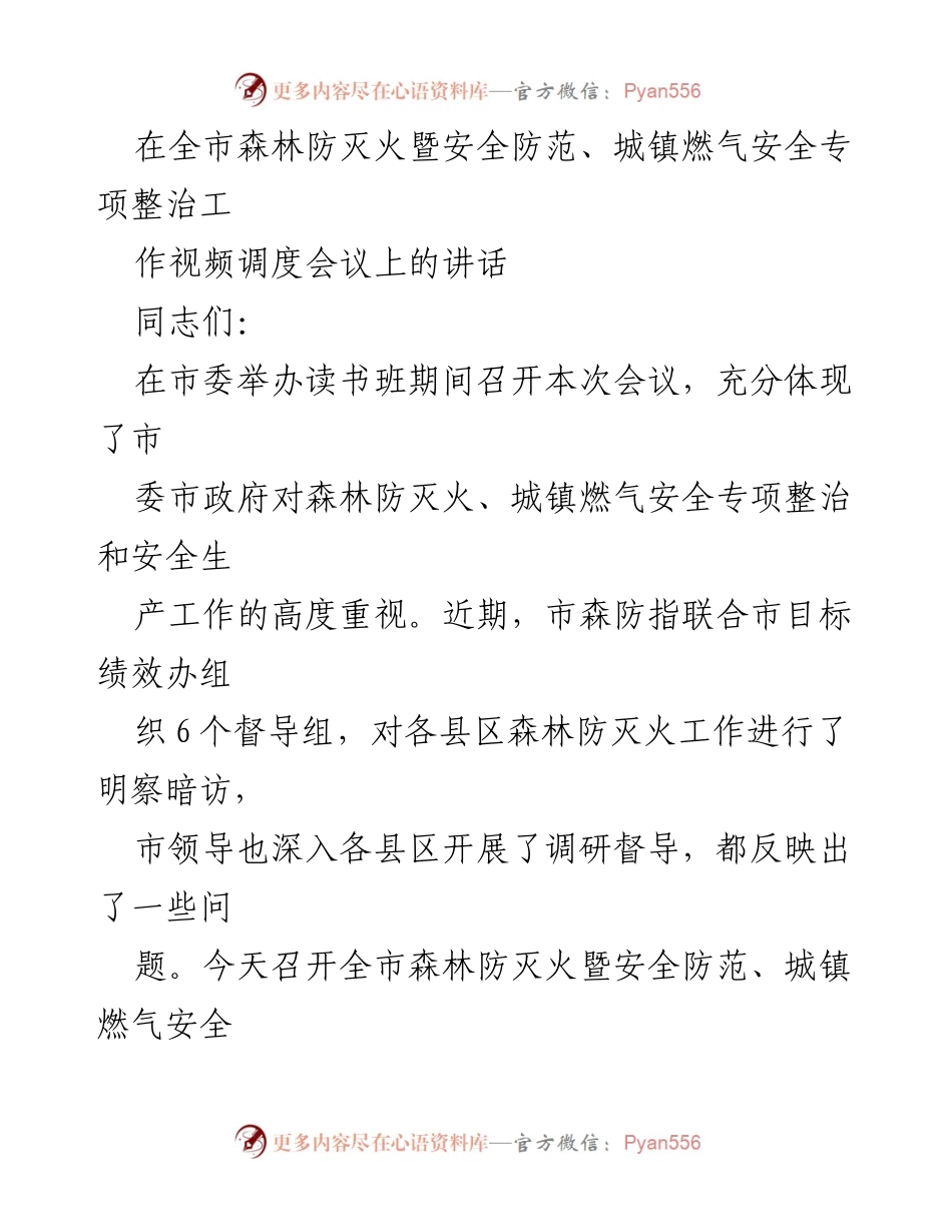 [发言] 视频调度会议 - 全市森林防灭火与城镇燃气安全专项整治工作讲话.docx_第1页