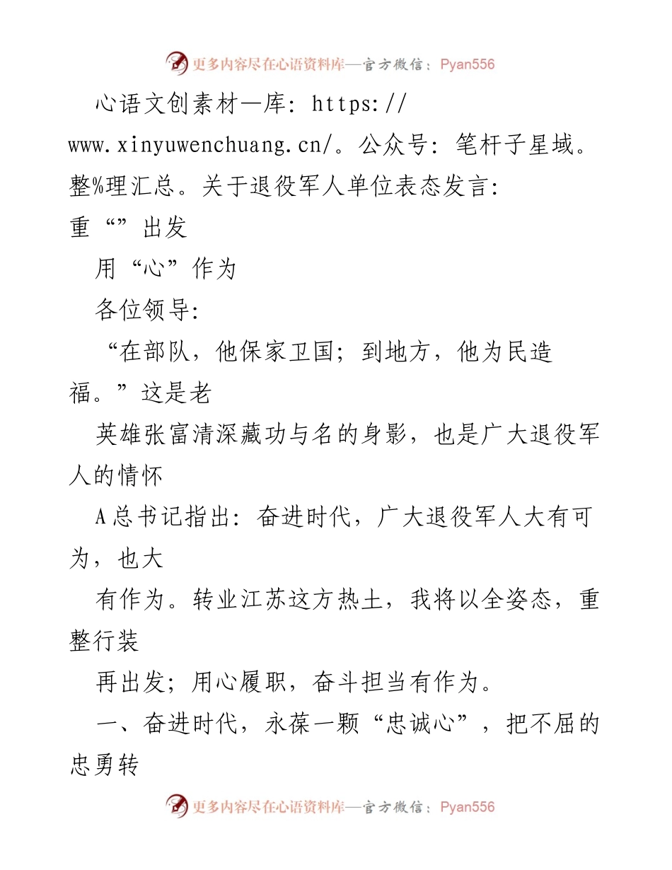 [发言] 退役军人表态发言 - 重整行装再出发：退役军人的使命与担当.docx_第1页