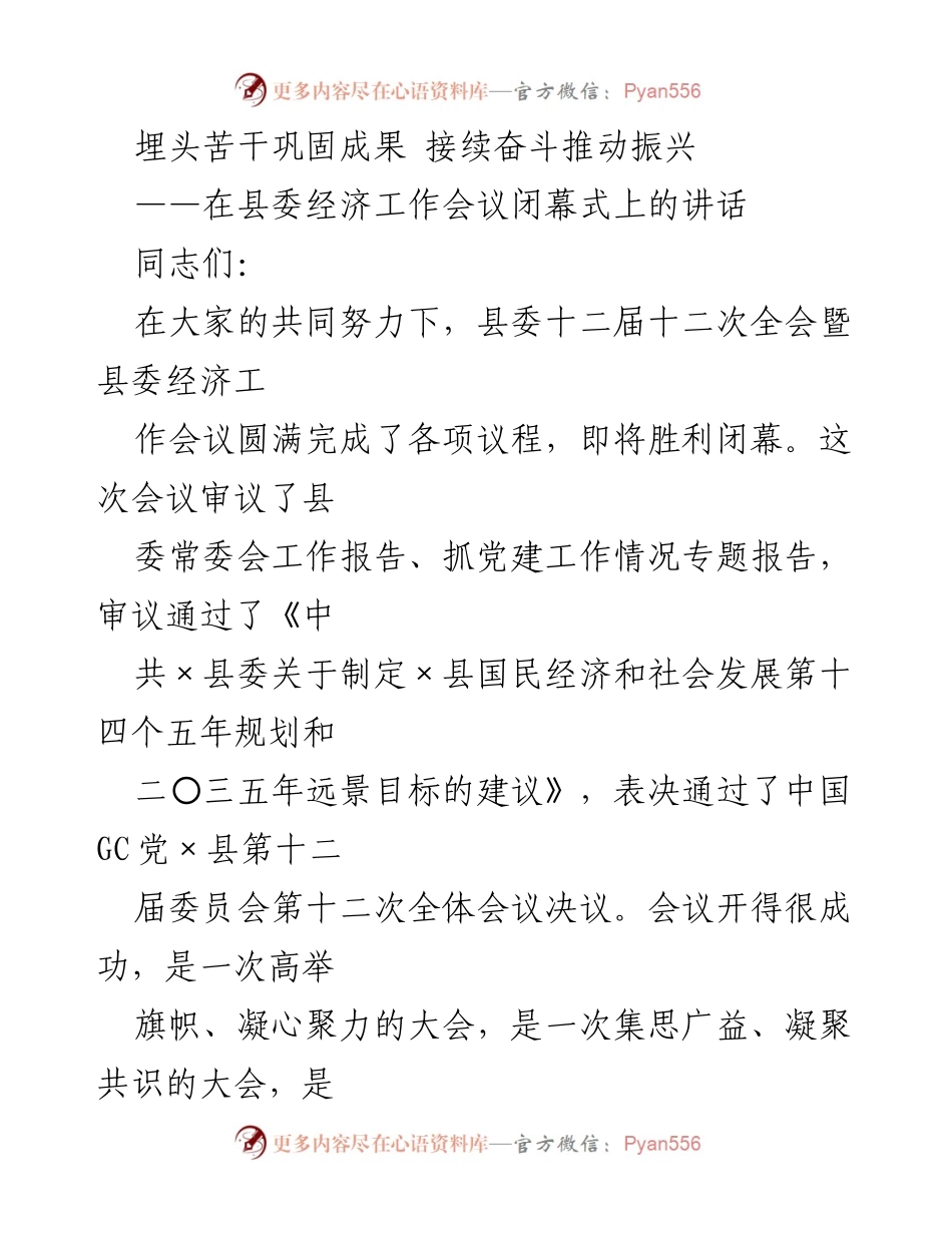 [发言] 经济工作会议 - 埋头苦干巩固成果 接续奋斗推动振兴.docx_第1页