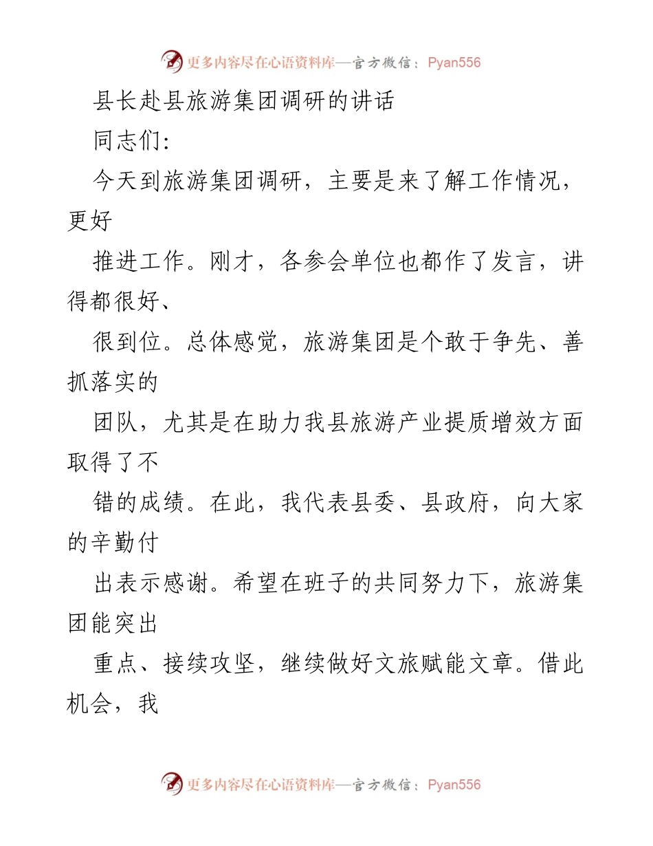 [发言] 调研会议 - 县长在旅游集团调研时的讲话要点.docx_第1页