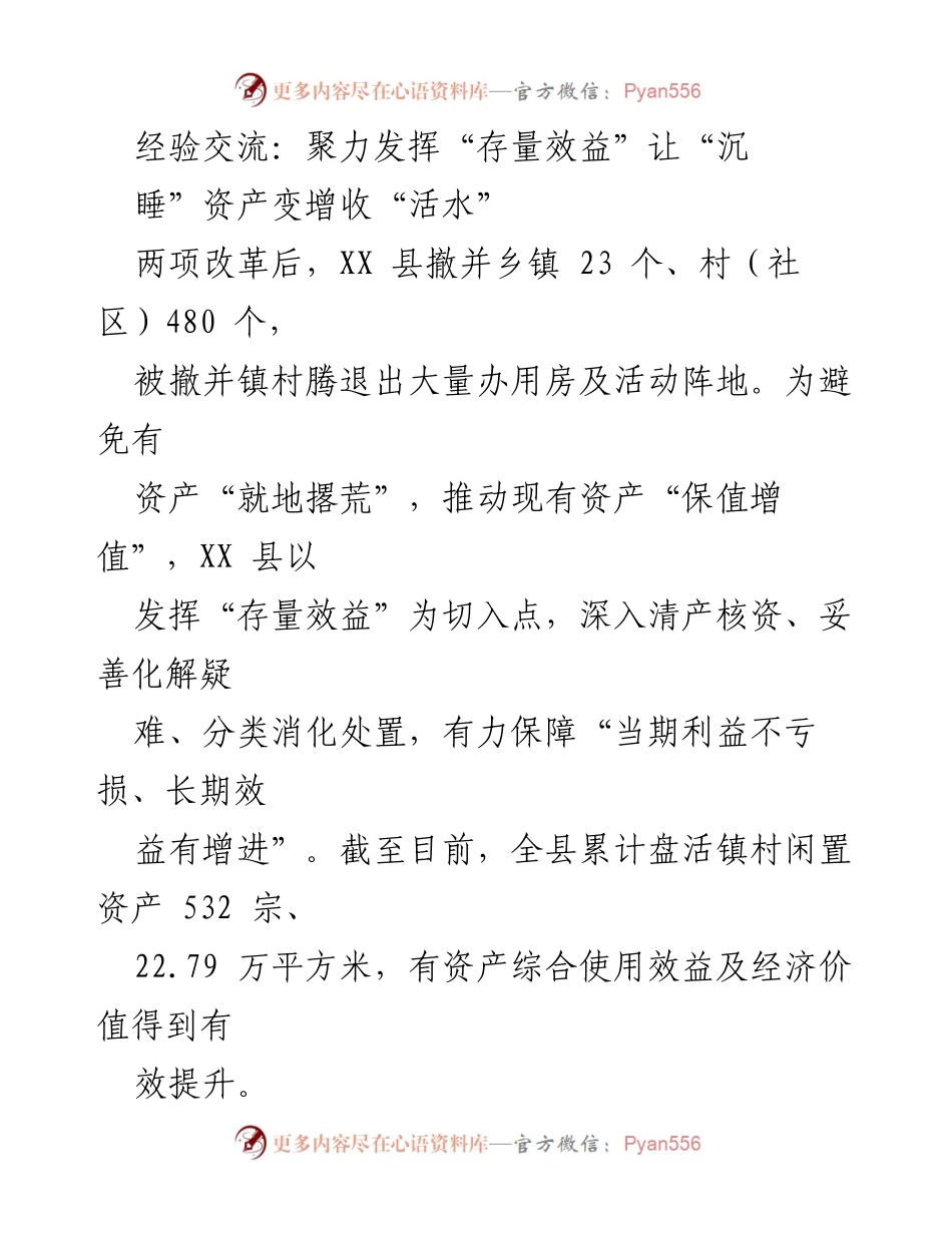 [发言] 经验交流会 - 发挥“存量效益”推动闲置资产增收策略.docx_第1页
