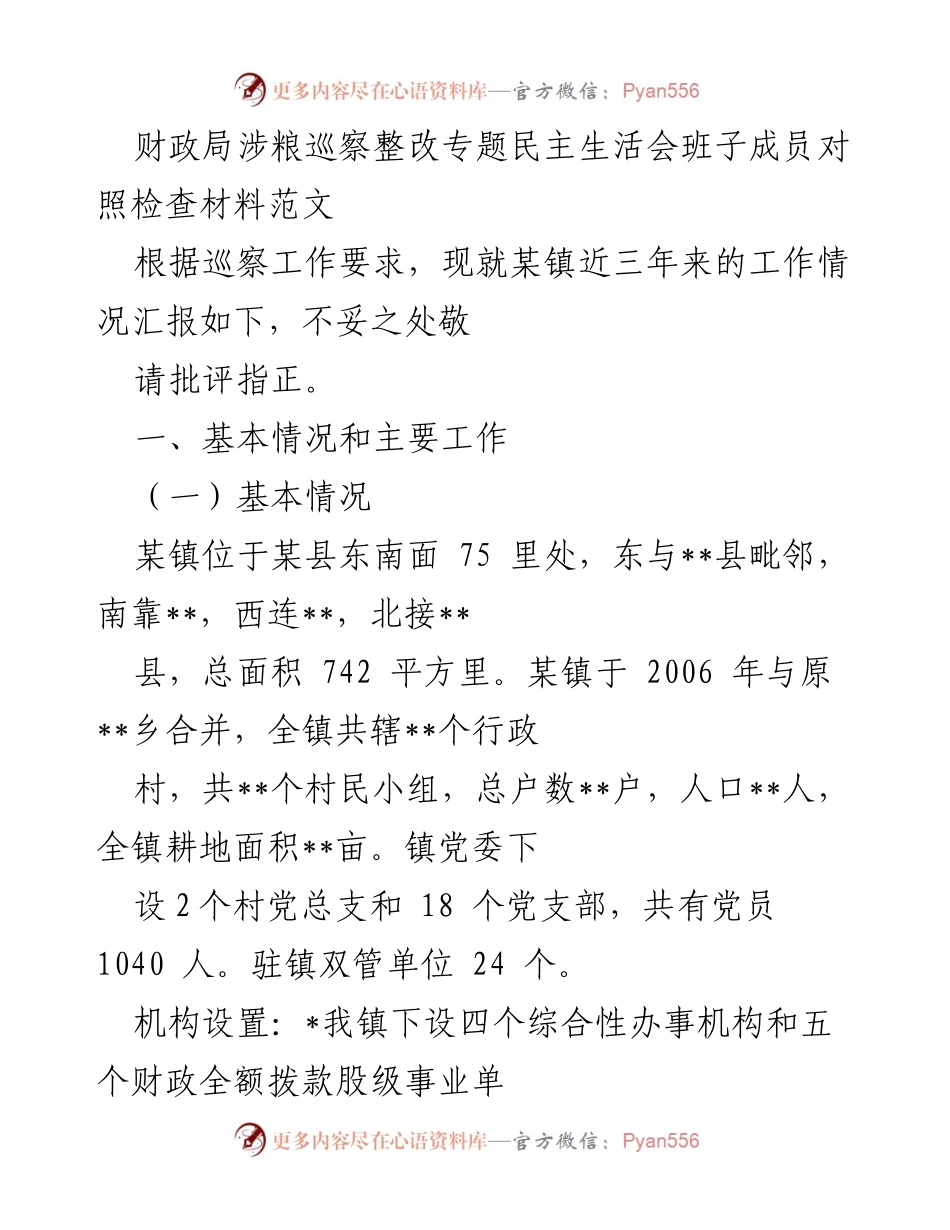 [发言] 财政局涉粮巡察整改专题民主生活会 - 某镇财政局巡察整改工作情况汇报.docx_第1页