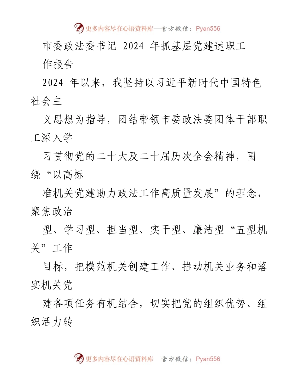 [发言] 述职报告 - 2024年市委政法委书记抓基层党建工作总结.docx_第1页