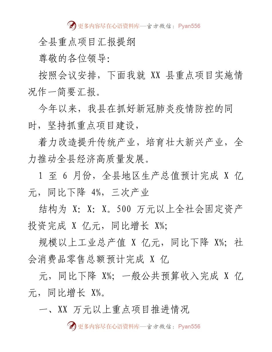 [发言] 重点项目汇报会 - XX县重点项目实施情况汇报.docx_第1页