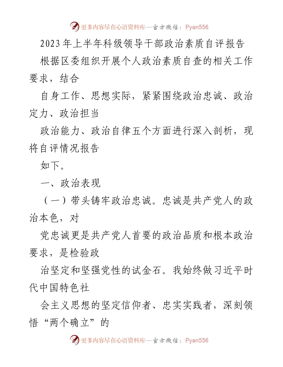 [发言] 自查总结 - 2023年上半年科级领导干部政治素质自评报告.docx_第1页