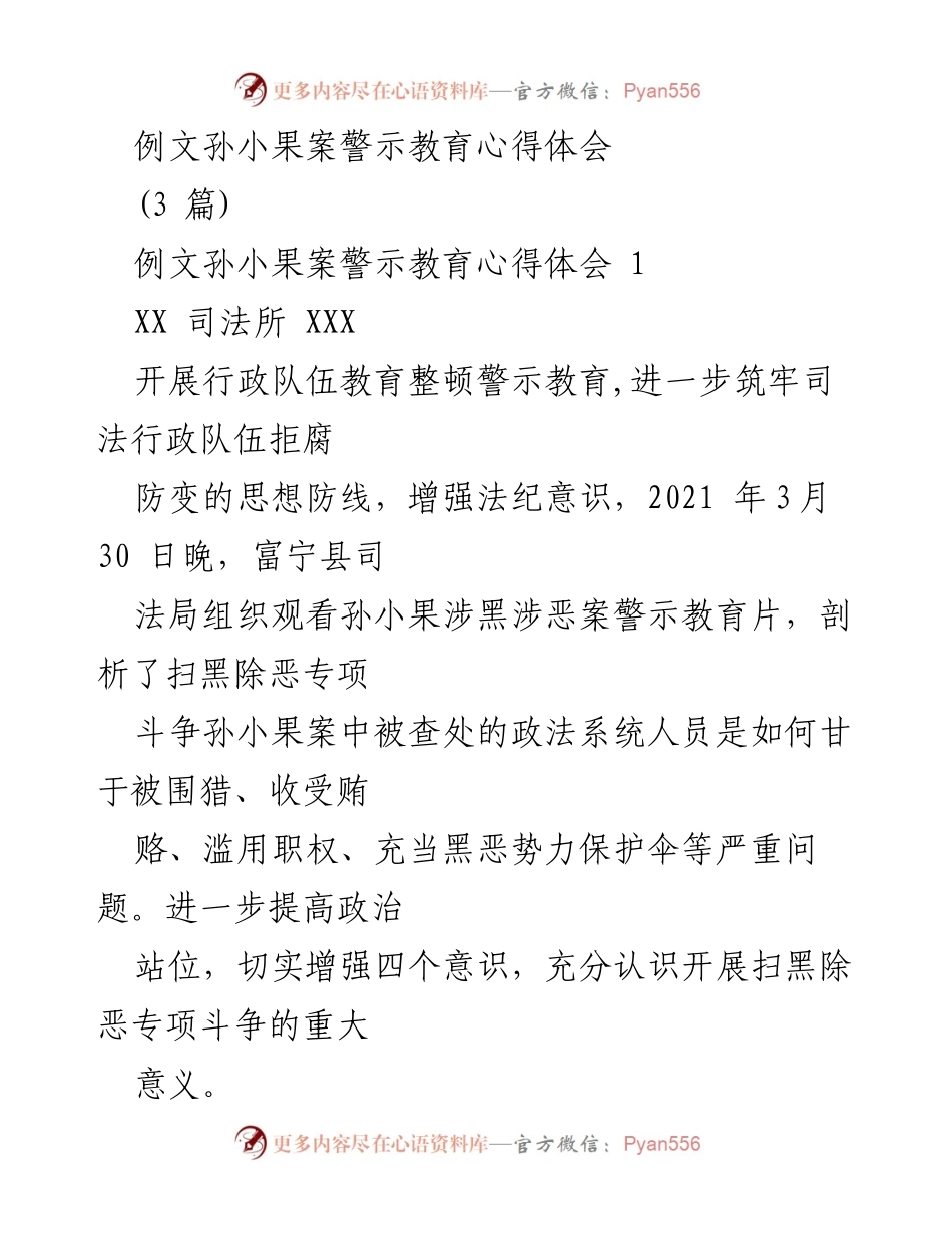 [发言] 警示教育活动 - 深刻警示：从孙小果案汲取教训，筑牢司法队伍防线.docx_第1页