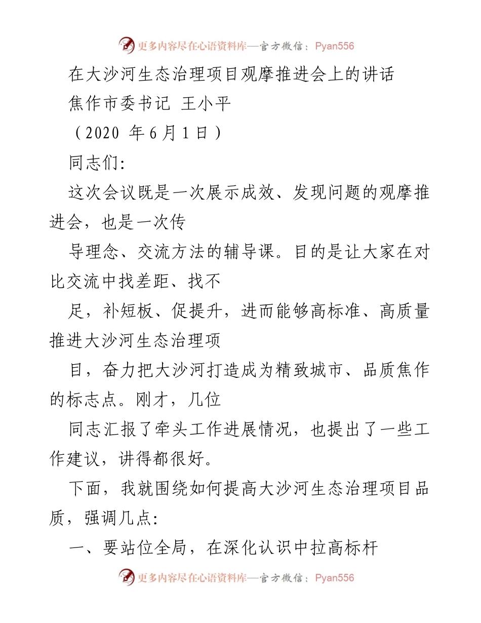 [发言] 观摩推进会 - 提升大沙河生态治理项目品质的讲话.docx_第1页
