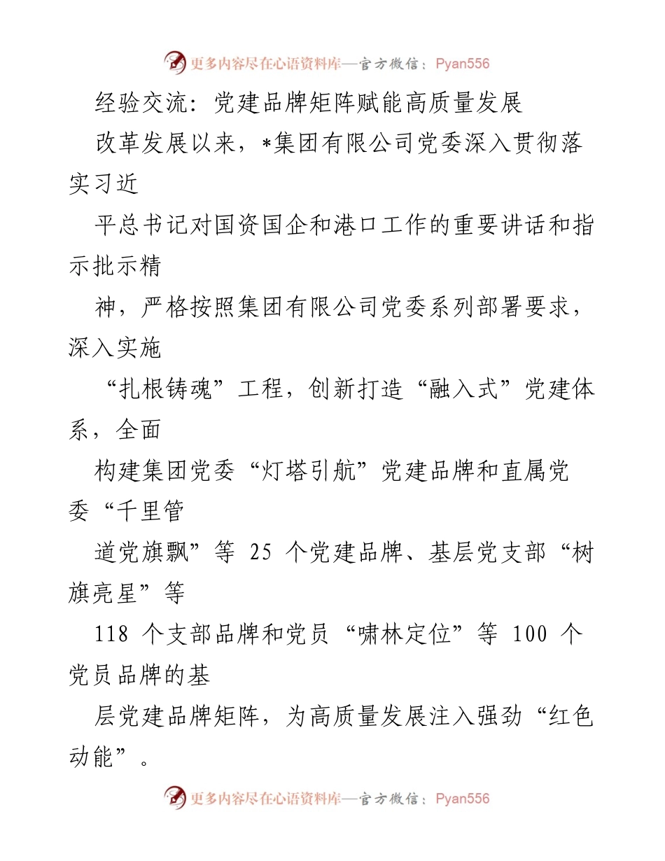 [发言] 经验交流会 - 党建品牌矩阵助力高质量发展_1.docx_第1页