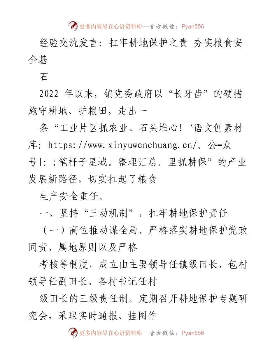 [发言] 经验交流 - 扛牢耕地保护责任，保障粮食安全.docx_第1页