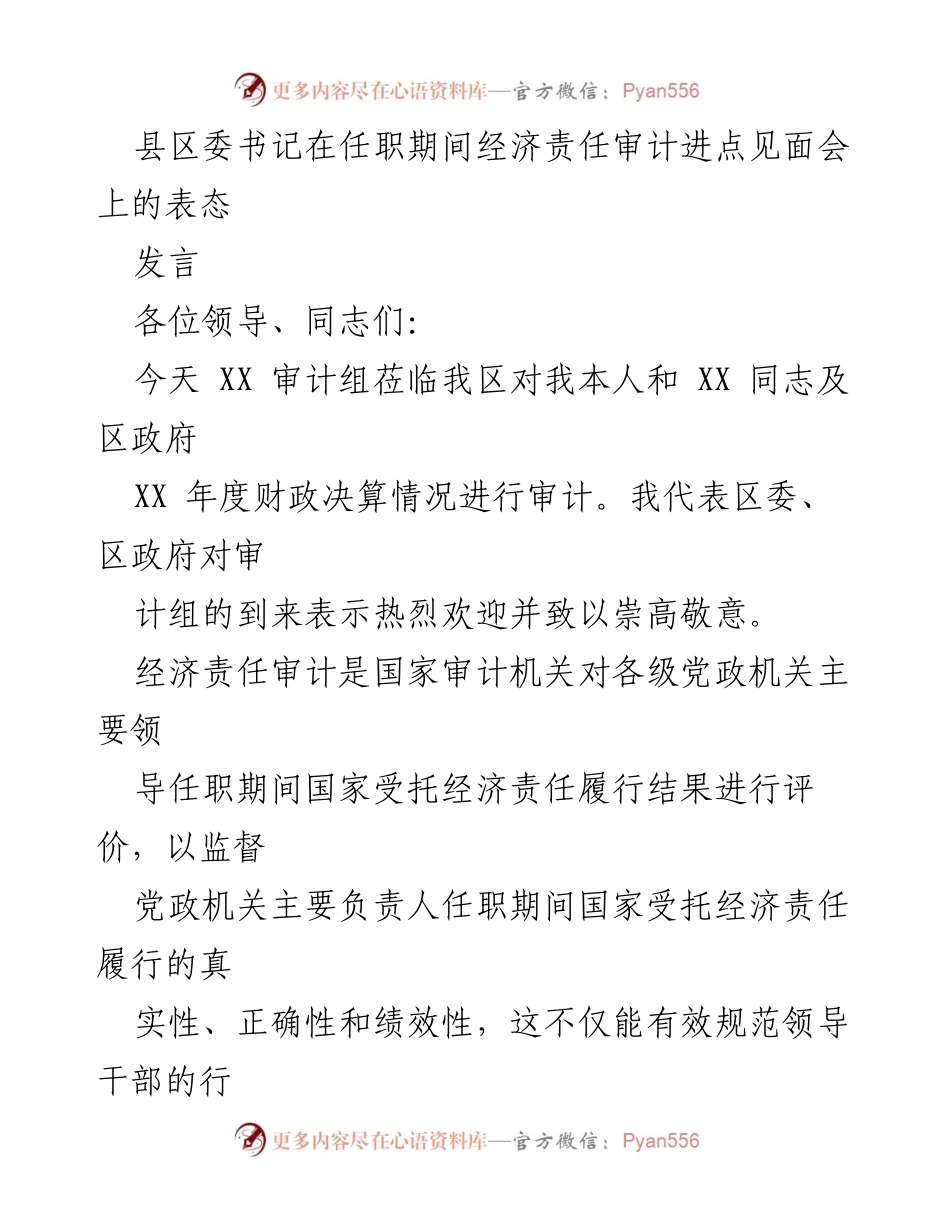 [发言] 经济责任审计进点见面会 - 积极支持审计工作，确保政府透明与责任.docx_第1页