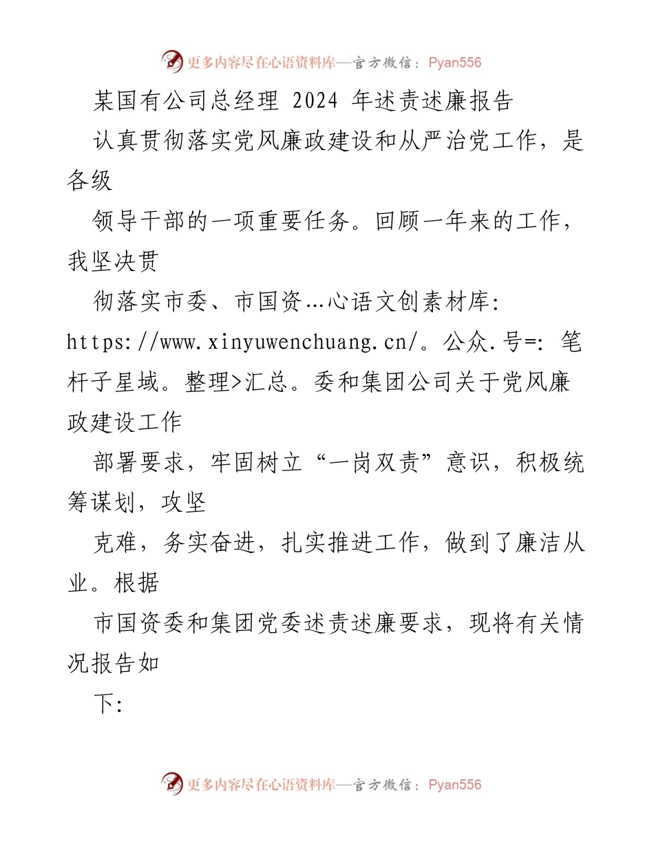 [发言] 述责述廉大会 - 2024年国有公司总经理述责述廉报告.docx_第1页