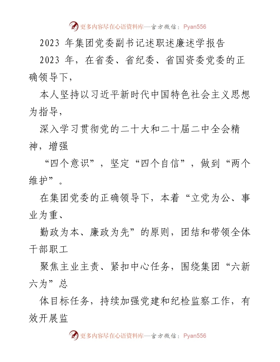 [发言] 述职会议 - 2023年集团党委副书记述职述廉述学报告.docx_第1页
