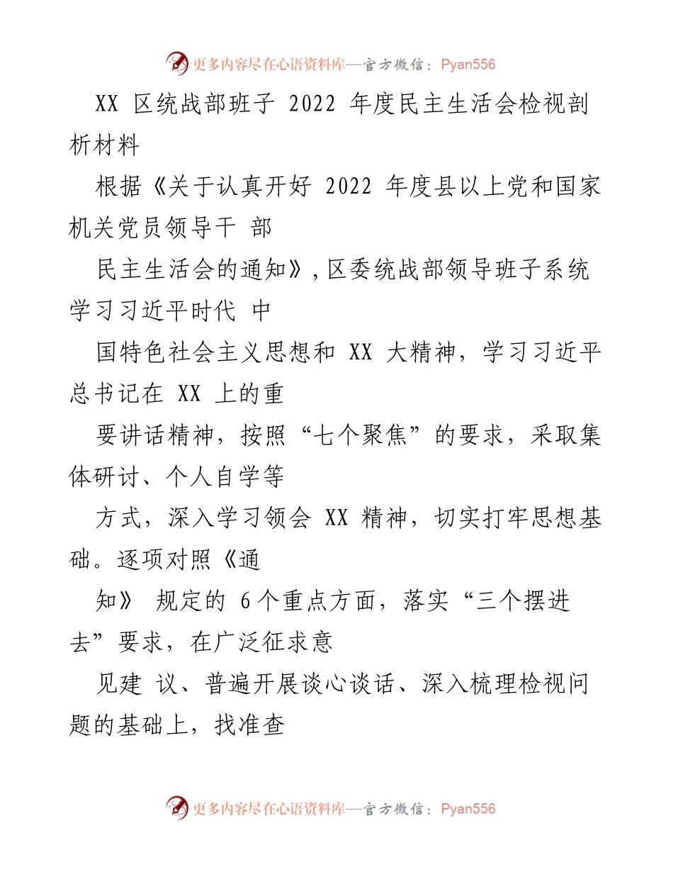 [发言] 统战部年度民主生活会 - 2022年度统战部班子民主生活会检视剖析报告.docx_第1页