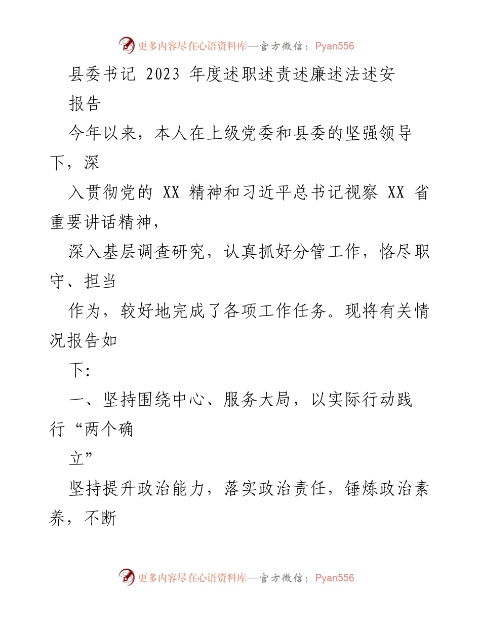 [发言] 述职会议 - 2023年度县委书记述职报告.docx_第1页