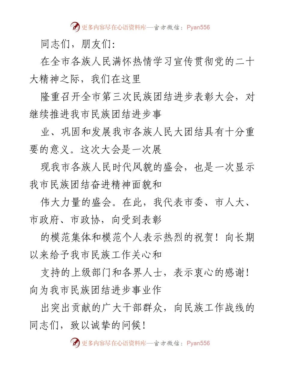 [发言] 表彰大会 - 加强民族团结进步事业，推动社会和谐发展.docx_第1页