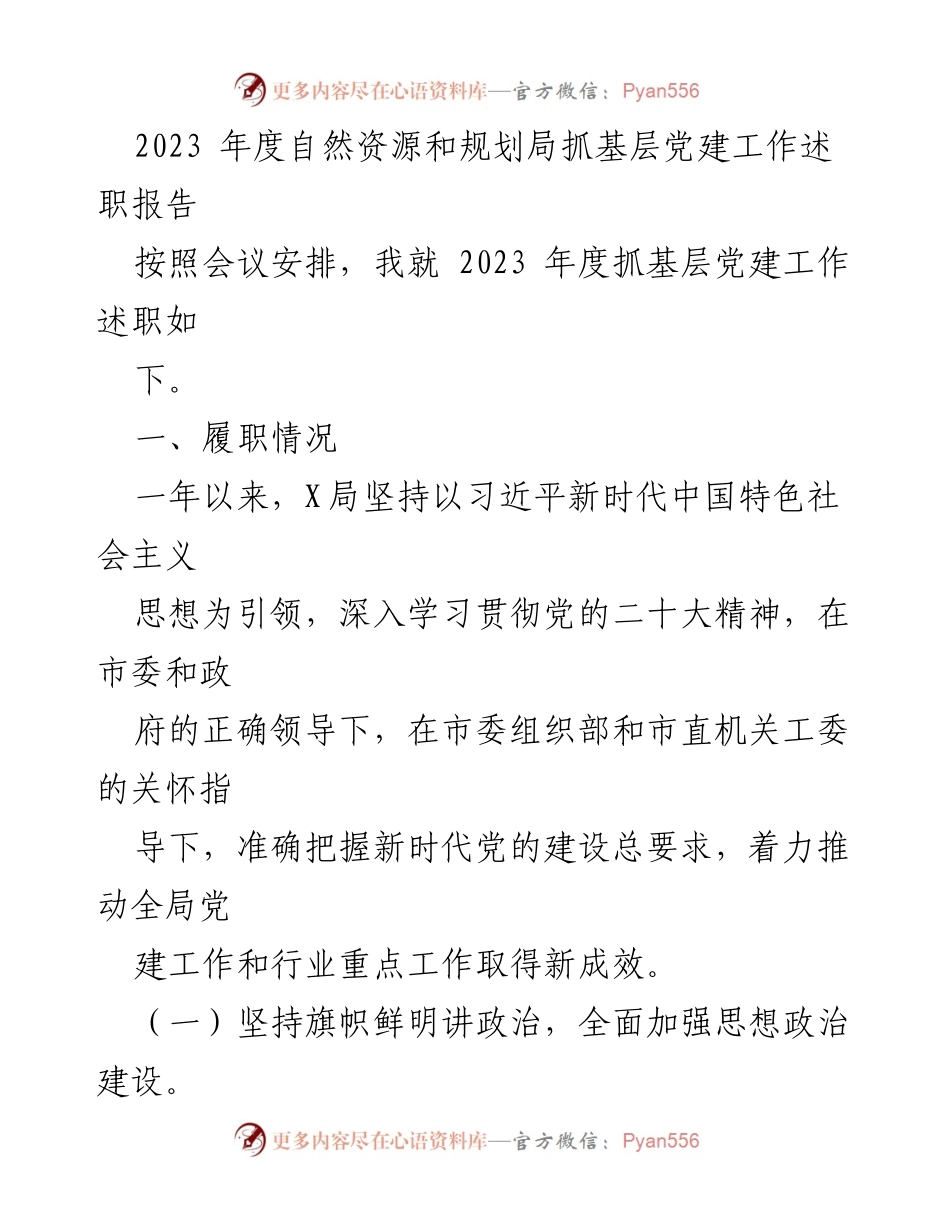 [发言] 述职会议 - 2023年度自然资源和规划局基层党建工作总结报告.docx_第1页